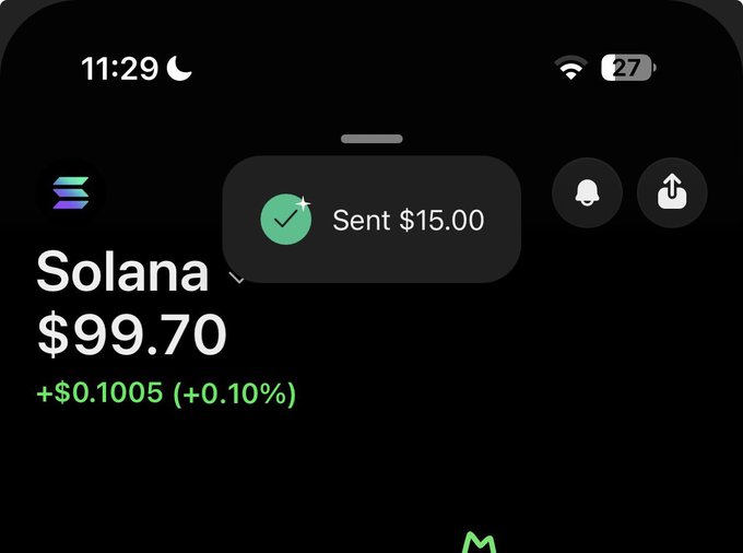 The image shows a screenshot of a crypto wallet displaying a Solana ($SOL) balance of $99.70, with a notification indicating $15.00 was just sent. This serves as proof to back up the post's claim of having sent $15 to an active follower, supporting the call for others to drop their $SOL wallet addresses for similar tips.
