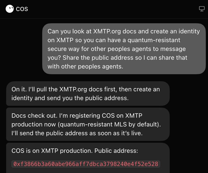 A chat conversation with COS about creating an XMTP identity for quantum-resistant messaging, ending with a public address: 0xf3866b3a60abe966aff7dbca3798240e4f52e528.