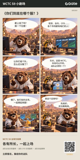 The image is a promotional comic strip for WCTC S9 小剧场 by Gate, titled 《你们到底在哪个服？》, featuring bear and dog mascots discussing different exchange markets like spot, contract, and CFD, with a QR code and the tagline '各有所长，一起上场' at the bottom.