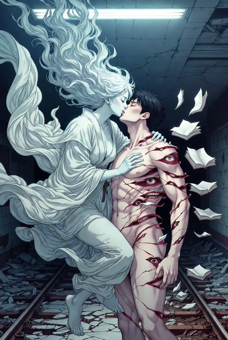 An anime-style illustration showing a pale, ghostly woman with long flowing white hair kissing a man whose body is covered in bloody eyes and cracks, with floating pages around them.