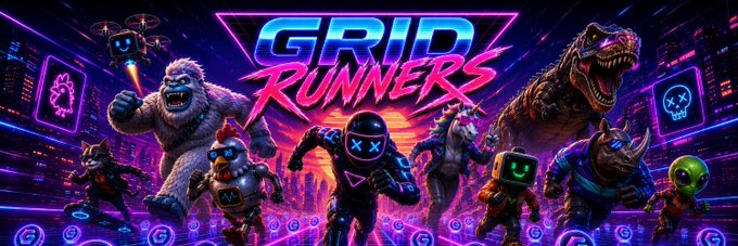 A vibrant cyberpunk-style promotional banner for 'GRID RUNNERS' featuring various robotic and monstrous characters including a yeti, T-Rex, and mech-suited figures with neon blue and pink lighting.