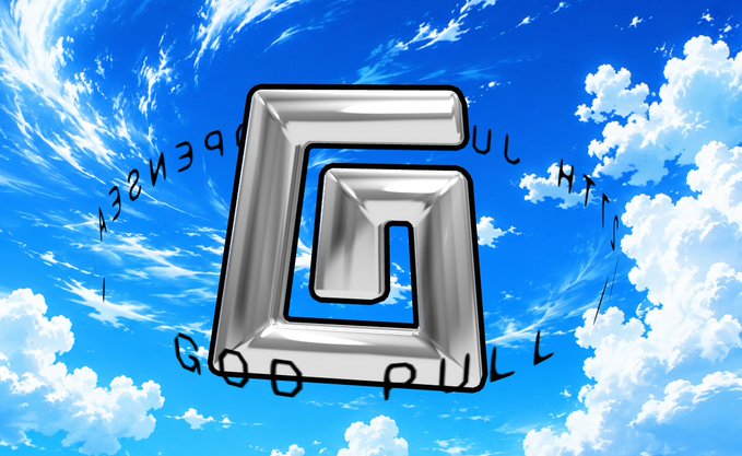 A shiny metallic square logo with a spiral design and "GOD PULL" text sits against a bright blue sky with white clouds, complementing the NFT announcement for @TheGodPull collection.
