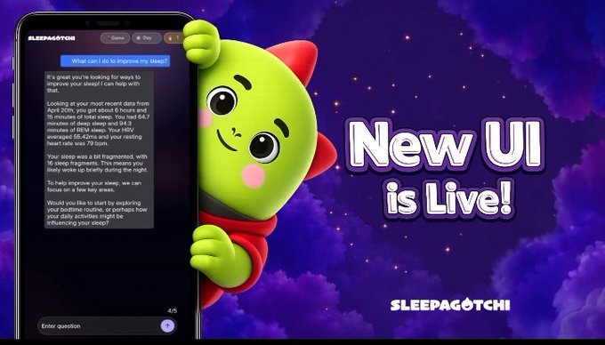 A promotional graphic for 'Sleepagotchi' featuring a green dinosaur character holding a smartphone showing a sleep analysis chat interface, with the text 'New UI is Live!' against a starry night background.