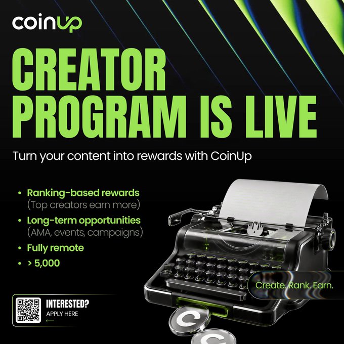 The image features a black background with a green banner that reads "CoinUp Creator Program is now LIVE!". Below this banner, there are two coins placed on top of an old-fashioned typewriter. The text above the typewriter reads "Turn your content into rewards with CoinUp". This suggests that the creator program encourages users to create and share content in exchange for rewards provided by CoinUp.