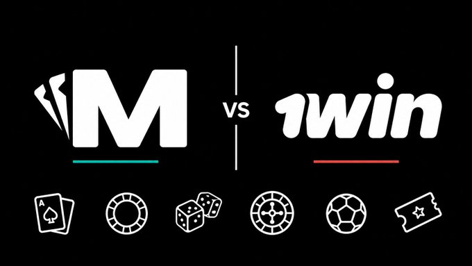 A black graphic showing the 'M' logo versus the '1win' logo, with gaming icons below including cards, poker chips, dice, roulette, soccer ball, and a ticket.