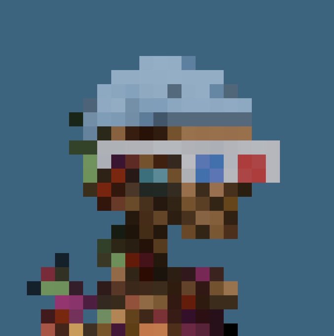 A pixel art image of a character with a blue helmet and 3D-style glasses (showing red and blue/cyan lenses) against a dark blue background.