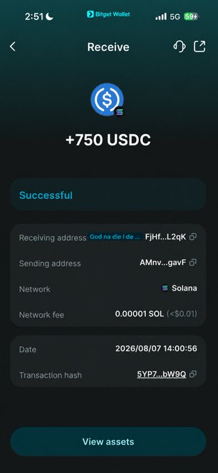 A mobile screenshot of Bitget Wallet confirms a successful receive of +750 USDC on the Solana network, with a network fee of 0.00001 SOL (~$0.01), dated 2026/08/07 at 14:00:56. The image visually supports the post by showing the payment received as proof of completed Web3 work.