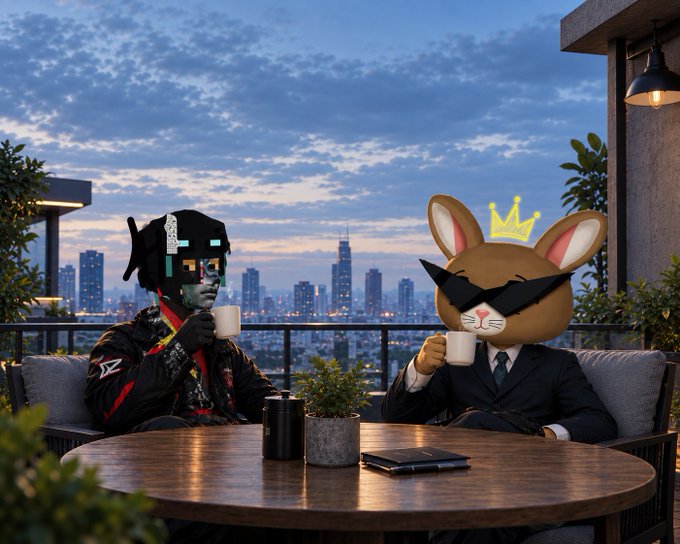Two stylized figures—one in a pixel-style skull mask and another in a rabbit mask with a crown and sunglasses—drink coffee at an outdoor table overlooking a city skyline.