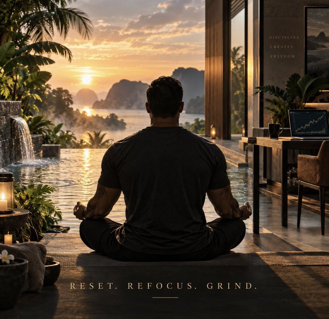 A man sits cross-legged in meditation on a mat facing a sunset view over water, with the text 'RESET. REFOCUS. GRIND.' and 'DISCIPLINE CREATES FREEDOM' visible in the scene.