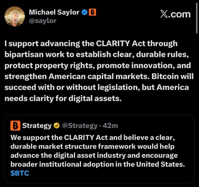 X/Twitter post by Michael Saylor (@saylor) supporting the CLARITY Act for digital asset regulation, quoting Strategy (@Strategy) which also endorses the legislation with a $BTC tag.