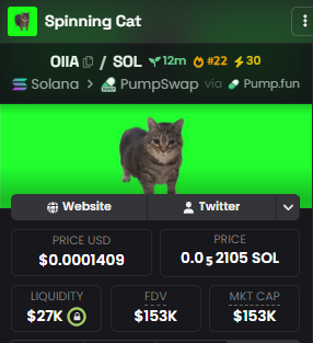 A mobile app screenshot displaying a cryptocurrency token called 'Spinning Cat' with ticker '011A' on Solana via PumpSwap; the price is $0.0001409, liquidity $27K, FDV $153K, and MKT CAP $153K, accompanied by an image of a gray cat on a green background.