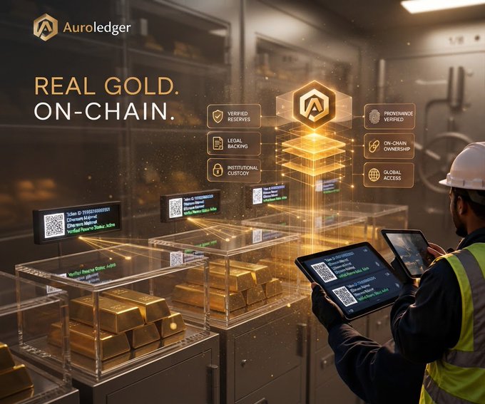 A promotional graphic for Auroledger featuring the tagline "REAL GOLD. ON-CHAIN." with icons highlighting features like "VERIFIED RESERVES," "LEGAL BACKING," and "ON-CHAIN OWNERSHIP," alongside an image of a worker scanning gold bars.