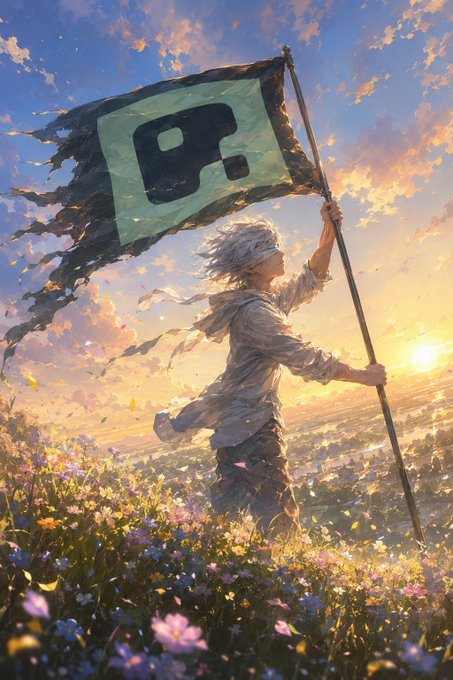 The image features a person holding up a flag with a green square design, possibly representing an AI logo or symbol. The background of the image shows a field filled with flowers, creating a serene atmosphere. The caption for this image reads "Focus on what is in the image and how it relates to the post."