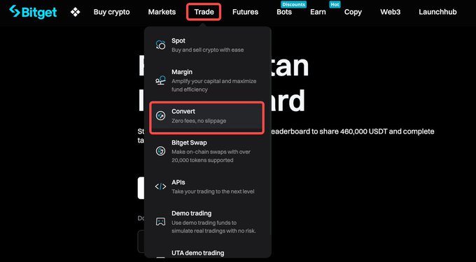 A screenshot of the Bitget cryptocurrency trading platform website, showing the navigation menu with the "Trade" option highlighted and a dropdown displaying options like "Spot," "Margin," and "Convert" (which is highlighted in a red box).