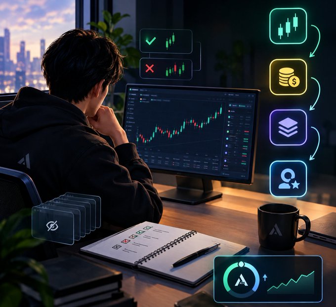 A person sits at a desk viewing a stock chart on a monitor, surrounded by floating UI icons showing checkmarks, charts, coins, layers, and profiles.