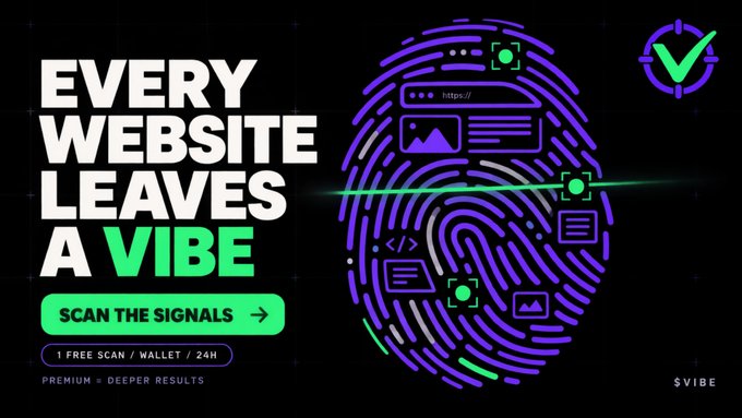 A digital advertisement featuring a purple and green fingerprint graphic with the text "EVERY WEBSITE LEAVES A VIBE" and a "SCAN THE SIGNALS" button for "SVIBE", offering "1 FREE SCAN / WALLET / 24H".