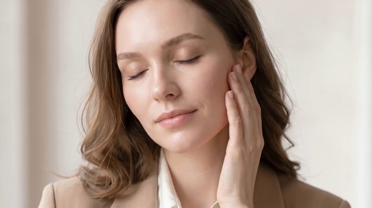 The image features a woman with brown hair, wearing a tan jacket, who has her hand on her face as if she's thinking or deep in thought. The background of the image is white, which contrasts nicely with the woman's brown hair. There are no texts present in the image, and it does not contain any other objects besides the woman and the background.