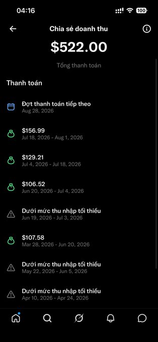 A mobile app revenue sharing screen displaying a total payment of $522.00, with a breakdown of payment installments dated between July and August 2026, including some periods marked as below minimum earnings threshold.