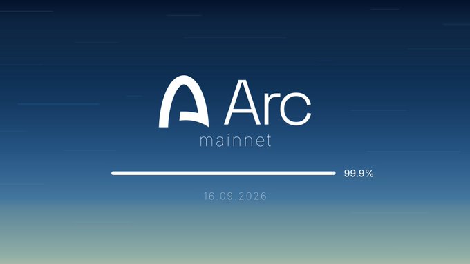 A progress screen displaying 'Arc mainnet' at 99.9% completion with a date of 16.09.2026 on a blue gradient background.