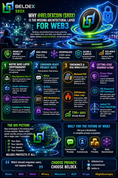 A promotional infographic for Beldex (SBDX) cryptocurrency, titled 'WHY @BELDEXCOIN ($BDX) IS THE MISSING ARCHITECTURAL LAYER FOR WEB3,' highlighting features like privacy, speed, security, and real-world utility with sections on native base-layer cryptography, the consumer-ready privacy suite, tokenomics, and roadmap.