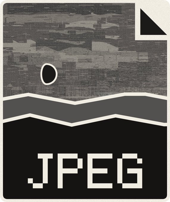 A JPEG file icon with a glitched, corrupted image preview at the top and a black section at the bottom displaying 'JPEG' in pixelated white text.