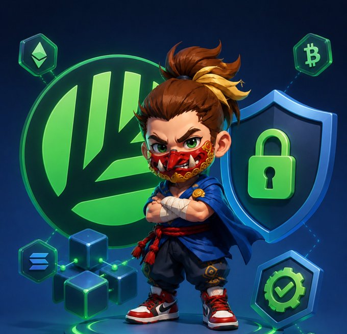 A stylized chibi-style cartoon illustration of a masked warrior character with a topknot, wearing a red and gold face mask, blue robes, and red sneakers, surrounded by cryptocurrency and blockchain-themed icons including ETH, Bitcoin, a shield with a padlock, and blockchain blocks.
