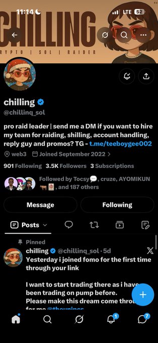 A mobile screenshot of the X (formerly Twitter) profile for @chillinq_sol, a crypto account offering services for raiding, shilling, and account handling, with 901 Following and 3.5K Followers.