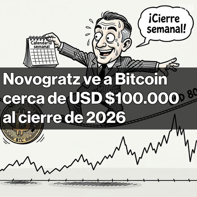 A cartoon illustration of a sweating man in a suit holding a 'Calendario semanal' and shouting '¡Cierre semanal!', with the headline 'Novogratz ve a Bitcoin cerca de USD $100.000 al cierre de 2026' over a rising stock chart.