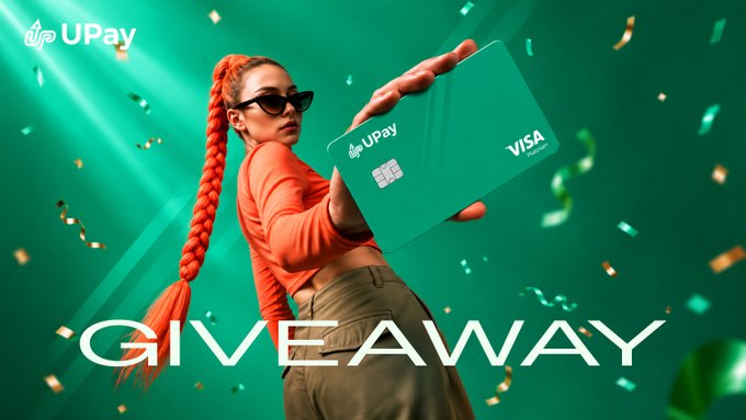 A promotional graphic for UPay featuring a woman in an orange top and green pants holding a green UPay Visa card, with 'GIVEAWAY' text below on a green background with confetti.