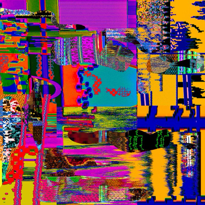 A colorful abstract digital artwork featuring chaotic glitch-style patterns in pink, blue, yellow, and green.