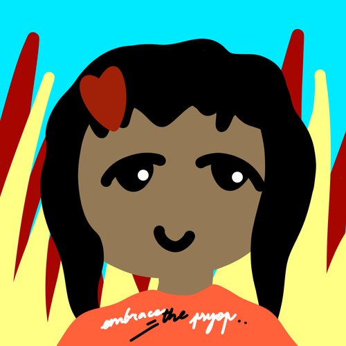 A cartoon-style illustration of a dark-skinned girl with black hair and a red heart accessory, with the text 'embrace the prayer..' on her orange shirt, set against a turquoise background with hands raised.