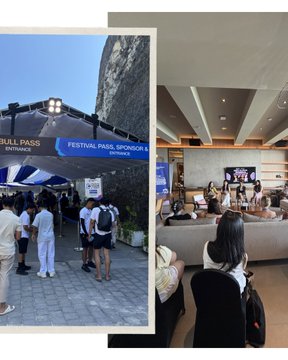 A split image showing people entering through a 'FESTIVAL PASS, SPONSOR & ENTRANCE' gate on the left, and an indoor lounge area with people sitting on a sofa on the right.