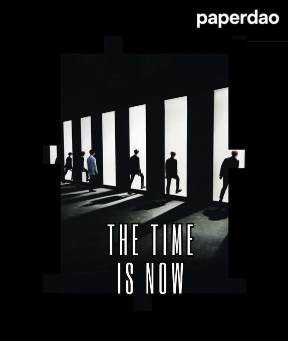 The image is a promotional graphic for PaperDAO, featuring silhouettes of people standing in illuminated doorways against a black background, with the bold white text "THE TIME IS NOW" displayed at the bottom. The "paperdao" branding appears in the top right corner, reinforcing the urgency of the accompanying post about joining the PaperDAO NFT waitlist and emphasizing the message that the project's community treasury and early trading opportunities are ready to begin immediately.