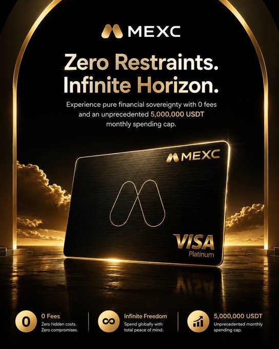 An advertisement for MEXC featuring a black and gold VISA Platinum card, with the tagline 'Zero Restraints. Infinite Horizon.' highlighting 0 fees, infinite freedom, and a 5,000,000 USDT monthly spending cap.