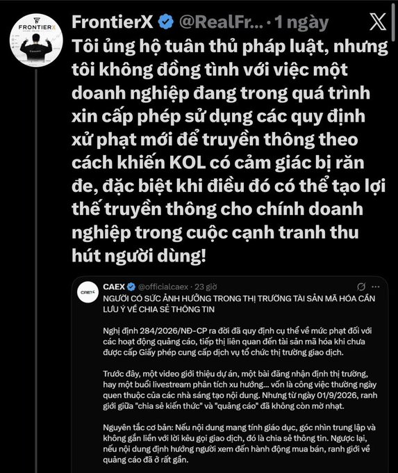 A screenshot of a Vietnamese Twitter post by FrontierX (@RealFr...) discussing support for legal regulations and concerns about businesses using new rules to restrict KOLs during a competitive user acquisition phase.