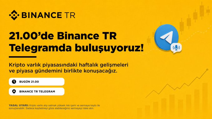 A Binance TR promotional graphic featuring the Binance logo announces a Telegram live event at 21:00 ("BUGÜN 21.00"), inviting users to discuss the week's crypto market developments and agenda on the Binance TR Telegram channel. The yellow design includes a Telegram icon, candlestick chart graphics, and a legal notice regarding cryptocurrency trading risks.