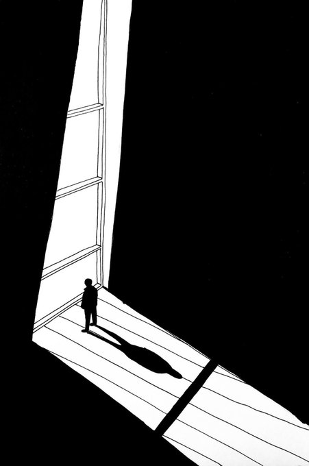 A black and white illustration showing a silhouetted figure standing in a beam of light from a window, casting a long shadow across a floor.
