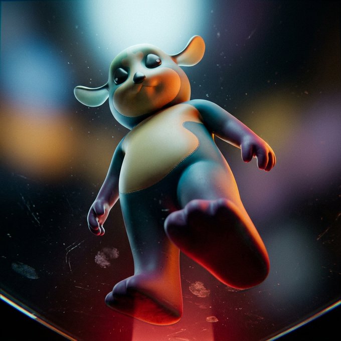 A 3D-rendered cartoon character resembling a bipedal animal with large ears stands on a dark, glossy surface under dramatic red and blue lighting.