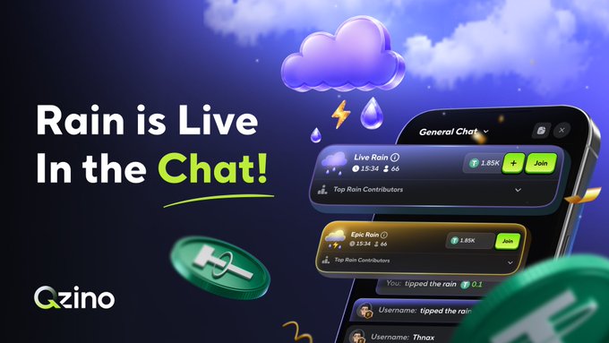 The image promotes Qzino's "Live Chat Rain" feature, displaying a mobile chat interface with "General Chat" showing rain events like "Live Rain" at 15:34 with 1.85K participants and "Epic Rain" at 15:37 with 1.85K participants, alongside the tagline "Rain is Live In the Chat!" and Qzino's logo, illustrating the hourly USDT cash drops mentioned in the post.