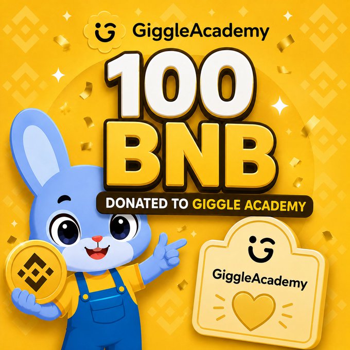 A promotional graphic for Giggle Academy featuring a blue cartoon bunny holding a BNB coin, with text announcing '100 BNB DONATED TO GIGGLE ACADEMY'.