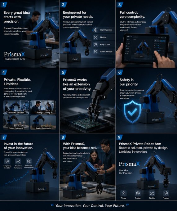The image shows a series of photos depicting various stages of a robot arm being assembled by two people, with one person operating the arm and another observing the process. The images are arranged in a grid format, showcasing different aspects of the assembly line from start to finish. The text at the bottom of the image reads "GM gPrisma broski PrismaX Private Robot Arm: New Infrastructure for the Physical AI Era @PrismaXai is delivering innovation through its Private Robot Arm system a proprietary teleoperation solution designed to support the development of the Physical AI ecosystem".