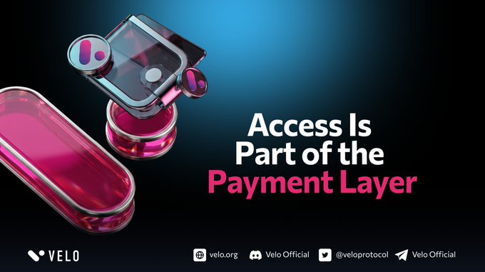 The image features the Velo logo alongside 3D-rendered pink and silver pill-shaped objects with the text "Access Is Part of the Payment Layer," and social handles @velo.org, Velo Official, and @veloprotocol, visually reinforcing the post's message that PayFi simplifies digital asset access by integrating ChangeNOW with $VELO directly on velo.org—no account required.