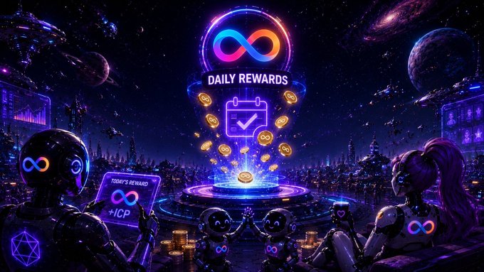 A cosmic, neon-lit scene shows futuristic robots gathered around a glowing "DAILY REWARDS" infinity symbol portal, with one robot holding a tablet displaying "TODAY'S REWARD ∞ +1CP," visually tying into the post's mention of adding $ICP into a rewards pool.