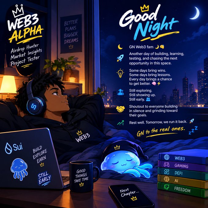 A stylized digital illustration for 'WEB3 ALPHA' featuring a character wearing headphones next to a sleeping jellyfish, with a 'Good Night' message and list of activities like 'Airdrop Hunter' and 'Market Insights'.