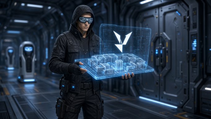 A hooded figure wearing AR-style goggles and tactical gear stands in a futuristic sci-fi corridor, holding a glowing blue holographic display showing a 3D city map and a chevron logo.