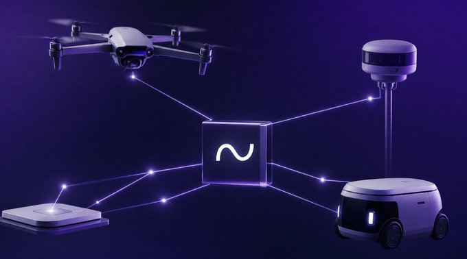 A drone, GPS sensor, and delivery robot are connected via glowing purple lines to a central "N" cube representing Neuron World, visually illustrating the decentralized physical infrastructure network (DePIN) where autonomous machines transact on Hedera. The image reinforces the post's claim that Neuron's machine-to-machine economy—already processing over 160M transactions—is actively powering real-world devices like drones and robots.