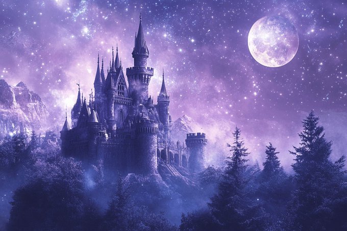 A fantasy castle stands against a purple starry night sky with a large moon, surrounded by pine trees in a misty forest.