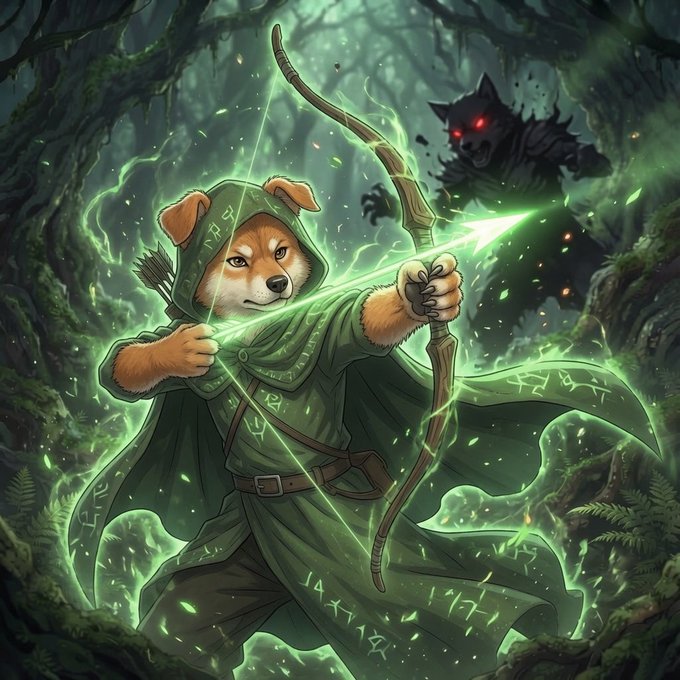 Fantasy illustration of a dog in a green hooded cloak drawing back a glowing green bow, facing a menacing dark wolf with red eyes in a misty forest