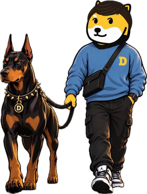 A cartoon illustration of a character wearing a dog-themed hoodie, a blue sweatshirt with a yellow 'D', black cargo pants, and a crossbody bag, walking a Doberman Pinscher wearing a spiked collar with a 'D' tag.