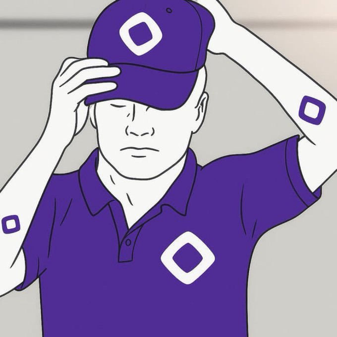A simple purple and white line drawing of a person wearing a baseball cap and polo shirt, with a diamond logo on the hat, touching the brim of the cap.